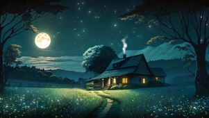 夜晚月下小屋