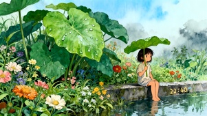 河岸雨中少女