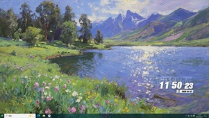 油画白云花草树木河流桌面主题