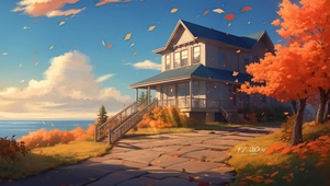 秋日海景小屋