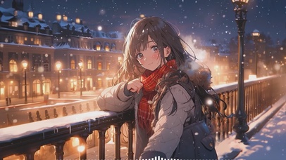 冬天雪夜路灯下的少女