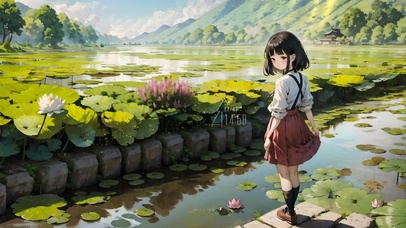4k夏日荷花女孩