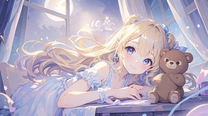 月光卧室里萝莉和心爱小熊