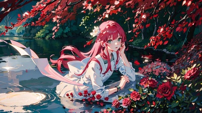 水边的少女和玫瑰花