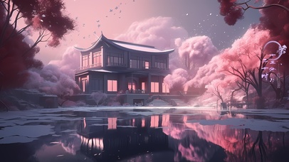 唯美粉色云彩樱花小屋