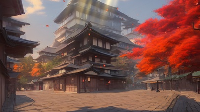 枫叶飘落的日式古街