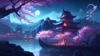 唯美古风江边落花阁楼