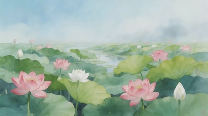 水彩晕染荷花池