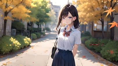 秋日枫叶小道少女