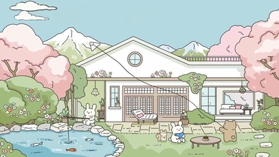 卡通兔兔插画樱花房子