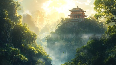 绿色仙气朦胧山林古镇