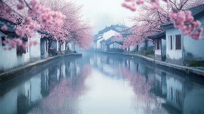 春日雨天静谧徽派建筑