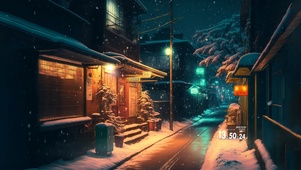 唯美冬日雪天夜晚小巷