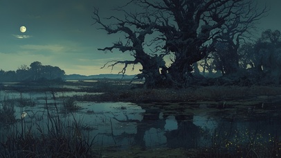 静谧月下孤寂荧光森林