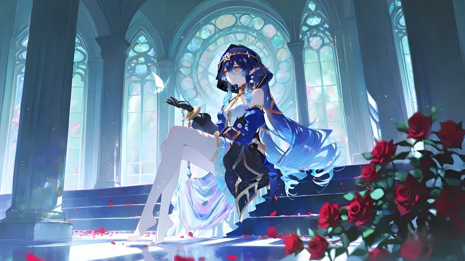 哥特式教堂内部，身着星蓝服饰的蓝发带兜帽少女莱依拉立于石柱旁，背景是彩色玫瑰花窗，地面散落红玫瑰花瓣，整体以冷冰蓝为主色调搭配正红玫瑰点缀。