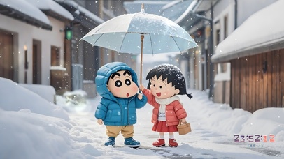 雪天撑伞的小新与小丸子