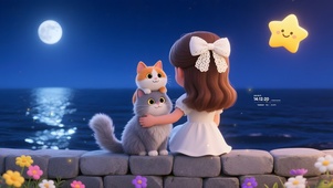 海边的女孩猫咪