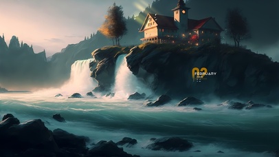 唯美瀑布边的别墅