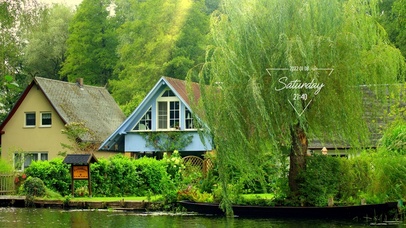 别墅风景河水柳树