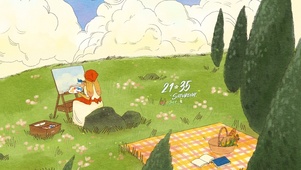 清新治愈兔子女孩在山顶画风景