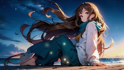 夜晚海边少女