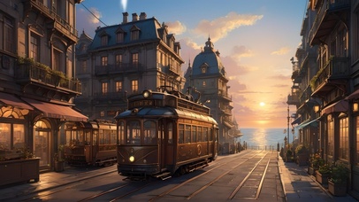 傍晚海边小镇电车