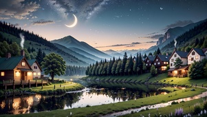 夜晚河边小村庄