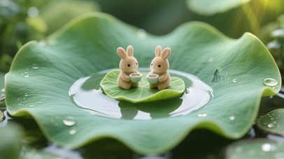 荷叶上喝茶小兔