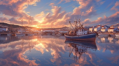 唯美落日渔船码头