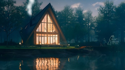 夜晚湖边小屋萤火