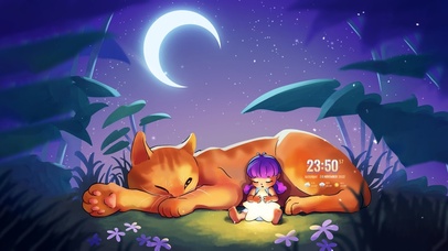 4K 梦幻月亮下的女孩与猫