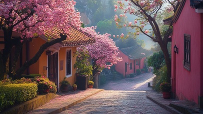 静谧无人彩色樱花小镇