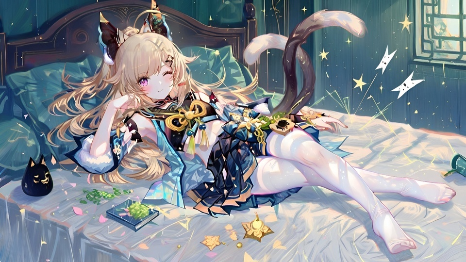 身着蓝黑短打服饰、搭配白色长袜的猫耳猫尾少女横躺于古风木屋的床榻上，室内以深青蓝色为主色调，床面散落着金色星形装饰。