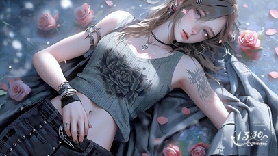 躺在玫瑰中的刺青少女