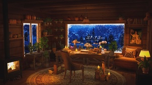 唯美雪天木屋房间