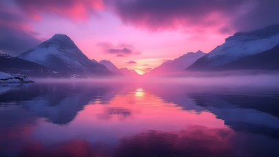 梦幻粉霞中的山水倒影