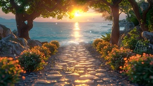 海滩石路夕阳