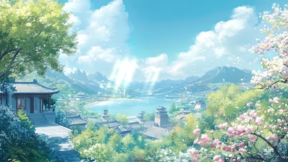 蓝天白云下的古港风景