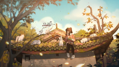 4K屋檐上的猫猫和女孩