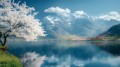 樱雪照湖山