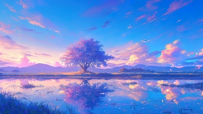 静谧蓝色调插画路边的水塘