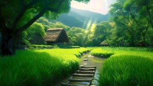 绿色溪水稻田
