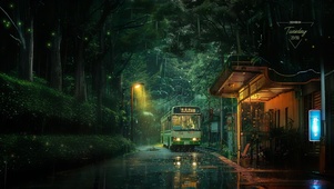治愈系雨天森林公交车站