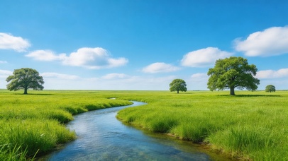 白云蓝天小溪草地