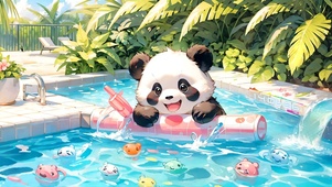夏日泳池溪水熊猫