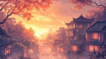 落日晚霞中的小镇风景