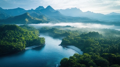 绿色护眼海岛晨雾森林
