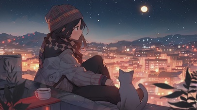 屋顶上的可爱女孩和小猫