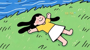 极简手绘童画风 草地小女孩