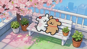 可爱樱花树下线条小狗